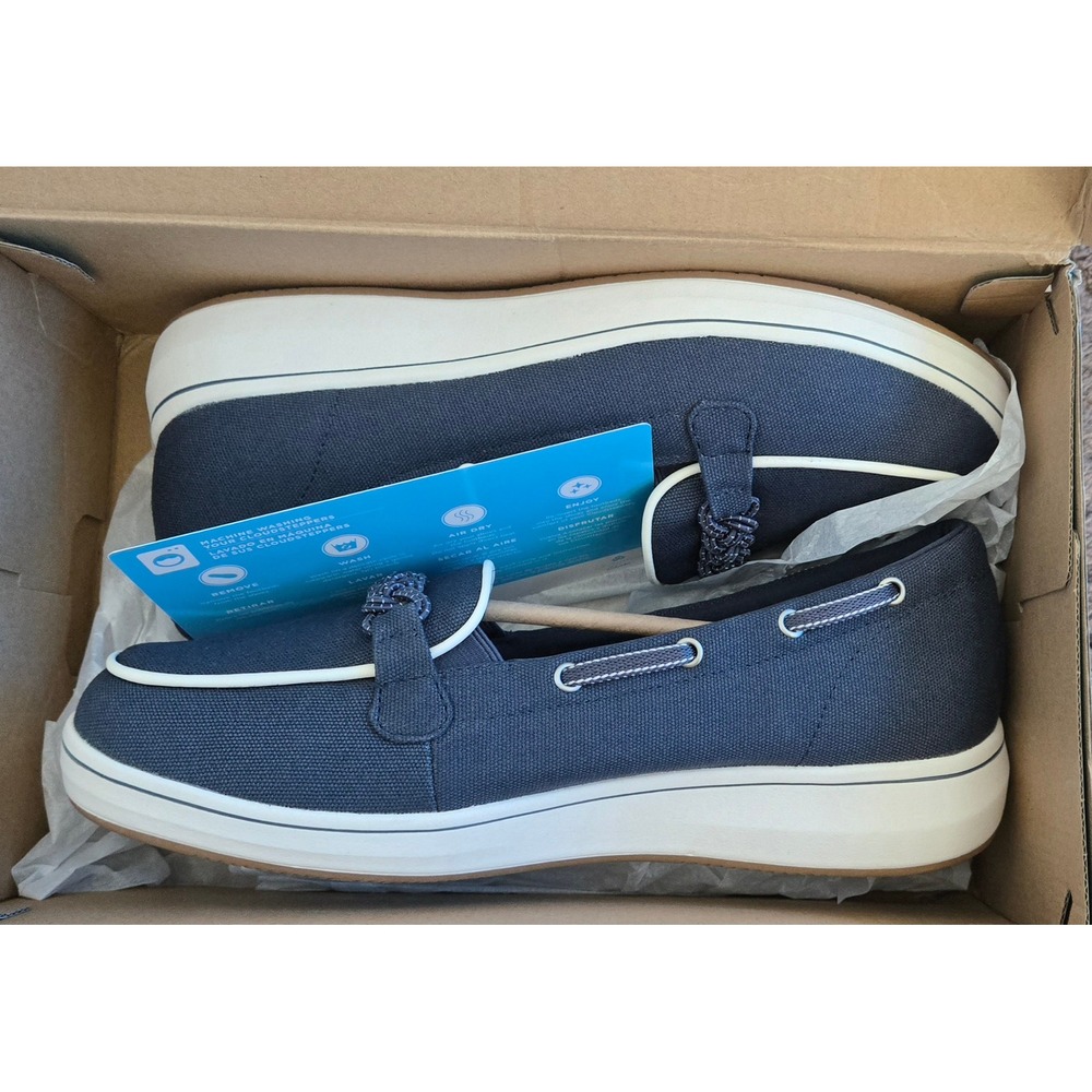 Clarks Cloudsteppers Breezesky Bay Navy Canvas Loafers Womens 11 W Wide 26186840